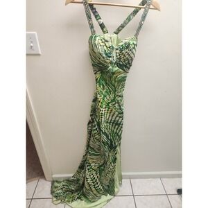 Green Abstract Print Beaded Formal Gown Crystal Straps Open‎ Back Prom Dress